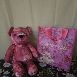Johnny Was Pink Velvet Bear With Tote